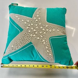 NWT Sequined starfish, outdoor fabric throw pillow.  Teal/turquoise back tan